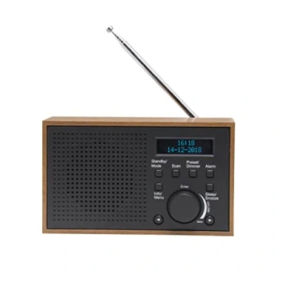 Imagen de Radio Digital Dab+ y FM. DENVER DAB 46 Dark Grey. Reloj,Despertador Alarma. Funciona Tanto con batería como Corriente. Salida Audio 2W. Acabado Madera.