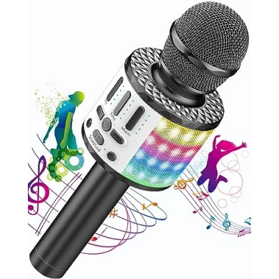 Imagen de Micrófono Karaoke Bluetooth, Microfono Inalámbrico con Altavoz y LED, Portátil para Niños Canta Partido Musica, Niñas Juguete de Regalo, Soporte Youtube, Skype, Android/iOS/PC/AUX