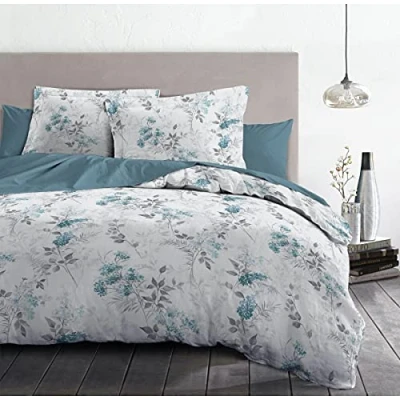 Imagen de Home Linge Passion, Funda nórdica 3 Piezas, 100% algodón, 57 Hilos, 2 Personas 240 x 260 cm, Pompadour Blanco Arcilla y Azul HP62671