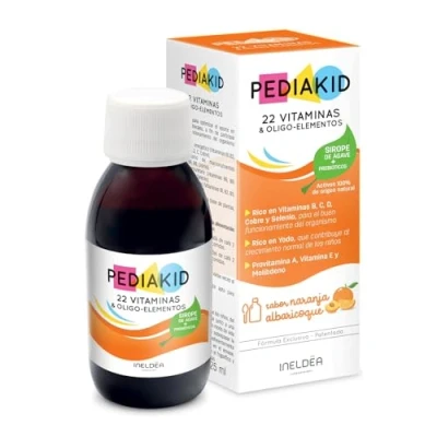 Imagen de PEDIAKID 22 Vitaminas y Oligoelementos Complemento alimenticio Optimiza el Consumo de Minerales Sabor Naranja Albaricoque Botella 125 ml