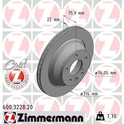 Imagen de ZIMMERMANN COAT Z 600.3228.20 Disco de freno 314 22 6/5 5 120 ventilación externa revestido VOLKSWAGEN: Touareg I, Transporter Bus, Multivan (7HM