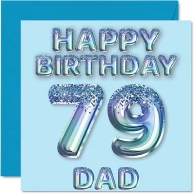 Imagen de Tarjeta de cumpleaños número 79 para papá, globos fiesta con purpurina azul, tarjetas feliz papá años, padre hijo e hija, felicitación 145