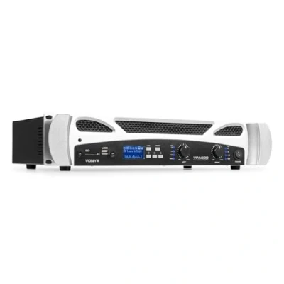 Imagen de Vonyx VPA600 Amplificador PA 600W (2 Canales de 300W máx ) estéreo con Bluetooth y Reproductor mp3 Multimedia USB SD, entradas línea, pantalla digital mando a distancia