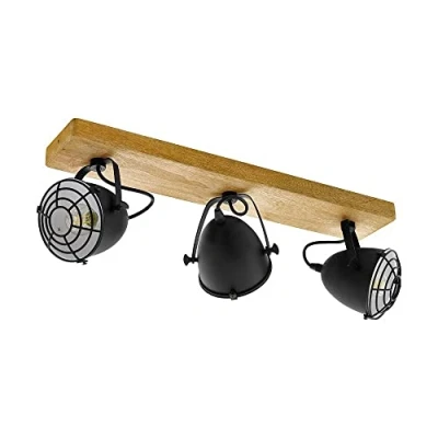 Imagen de Eglo lámpara de techo Gatebeck, 3 luces estilo vintage, industrial, retro, foco acero negro y madera natural, dormitorio, bombilla E14