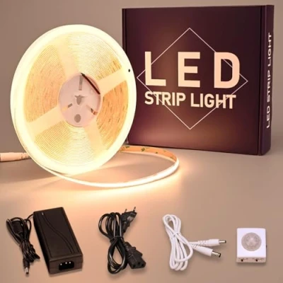 Imagen de GOMING 24V 10M Sensor de Movimiento COB LED Tira Luz Blanco Cálido 3000K CRI 93+ IP20 No Impermeable con 3A Adaptador Corriente para Armarios Cocina Escalera Escaparate Dormitorio Cama