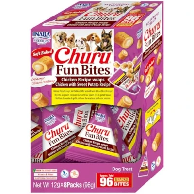 Imagen de INABA Churu Fun Bites Snack para Perros, bocados de Pollo y Patatas Dulces 8 Paquetes 12 g Comida Suave Deliciosa Perros sin conservantes ni colorantes Artificiales, Granos
