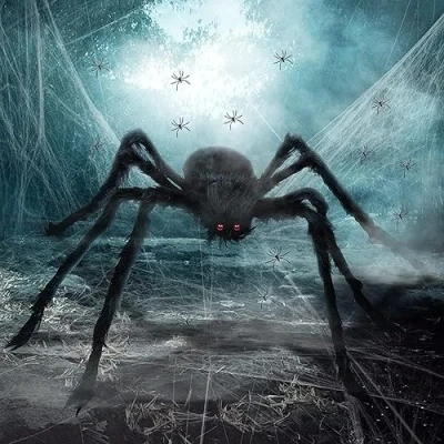 Imagen de Araña de Halloween,Telarañas halloween,150cm Peluda Gigante,60g Telarañas Elásticas Trae 10 Arañas Falsas, Grande Halloween,para Mesa Chimenea Jardín Exterior,Fiesta Terror Halloween