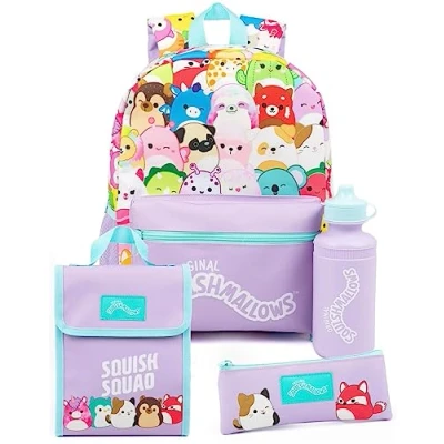 Imagen de Squishmallows Mochila para niñas Conjunto de 4 piezas bolsa escolar con almuerzo, botella agua y estuche lápices Diseño morado Accesorios días escolares