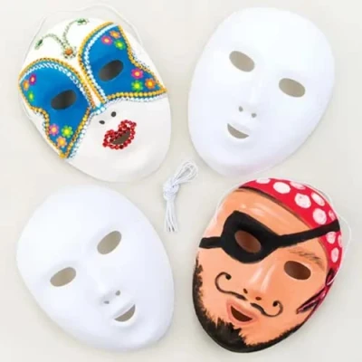Imagen de Baker Ross Máscaras flocadas en blanco que los niños pueden diseñar, pintar y usar como parte de un disfraz una fiesta infantil carnaval (pack 8).