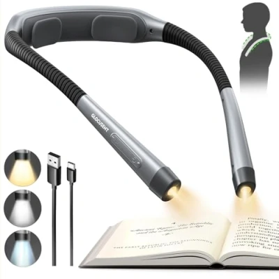 Imagen de Glocusent luz de lectura ergonómica con 3 colores y 5 niveles brillo continuo, libro para nocturna temporizador ayuda dormir, cuello perfecta leer libros en la