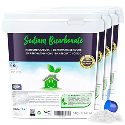 Imagen de Nortembio Bicarbonato de Sodio Ecológico 4x6 Kg. Origen 100% Natural. Sódico Sin Aluminio. Quitamanchas, Desodorizador y Blanqueante. para Limpieza con e Book Incluido.