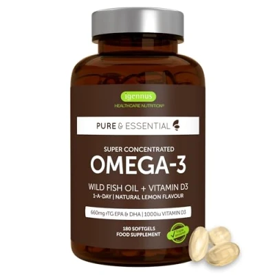 Imagen de Omega 3 de Aceite Pescado Salvaje con Vitamina D 3, 1000 UI, EPA y DHA alta concentración, 6 meses suministro, rTG acción rápida, Igennus