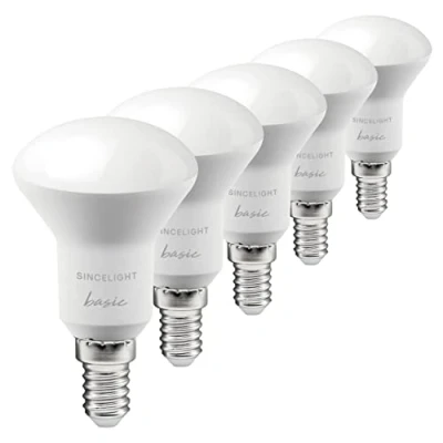 Imagen de SINCELIGHT Bombillas LED 5W con casquillo E14, reflector R50 difusor lechoso, foco sofer, blanco cálido 2700K, color rico RA≈92, paquete de 5