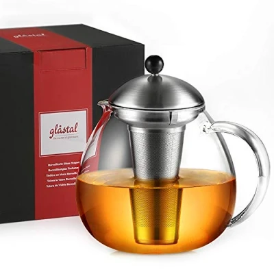 Imagen de glastal tetera de cristal plateada 1500ml con colador té acero inoxidable 18/8, borosilicato, adecuada para calentador