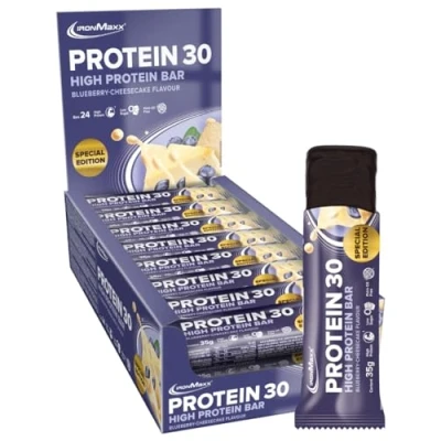Imagen de IronMaxx Protein 30 barrita de proteínas Tarta queso y arándanos 24 x 35g sin aceite palma gluten con vitaminas apta para dietas bajas en azúcar carbohidratos