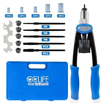 Imagen de CCLIFE Remachadora de Tuercas, con 150 Tuercas M5 M6 M8 M10 M12 Remachables, Remachado Roscas