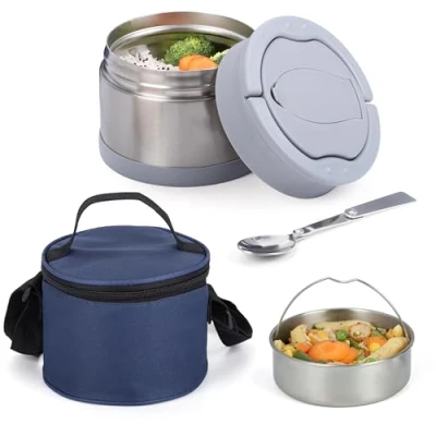 Imagen de BELLE VOUS Termo Contenedor de Alimentos Solidos Fiambrera Termica 700 ml con Cuchara y Bolsa Taper para Comida Caliente Papillero Bebe Mantiene la Temperatura por 6 8 Horas