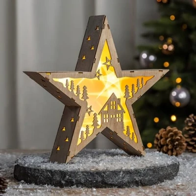 Imagen de Spetebo Estrella de Navidad LED madera, 30 cm, diseño: casa, decoración con luz blanca cálida, iluminación Navidad, Adviento, invierno, estrella, mesa, a pilas