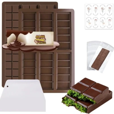 Imagen de Molde de Silicona para Chocolate 2 Piezas,Molde Turron Silicona,Molde Tableta Chocolate,Molde Barra Chocolate,con Raspador y Bolsa Pegatina,para Hornear Chocolate,Caramelos, Dulces, Gofres