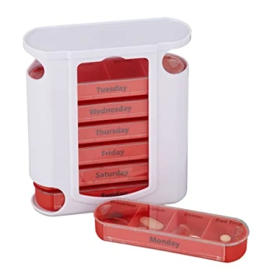 Imagen de Relaxdays Pastillero Semanal 4 Tomas, Rótulos en Inglés, PP ABS, Blanco Rojo, 13 x 11,5 4,5 cm