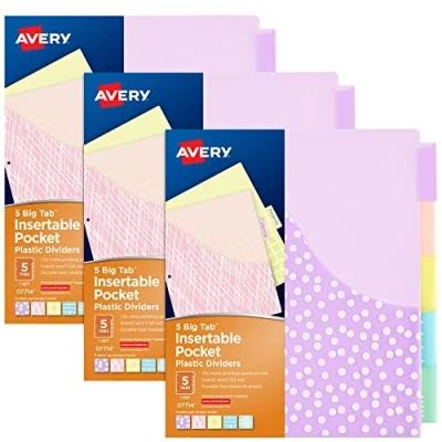 Imagen de Avery Separadores de bolsillo insertables con pestañas grandes para carpetas 3 anillas, juego 5 pestañas, diseños surtidos, juegos (11255)