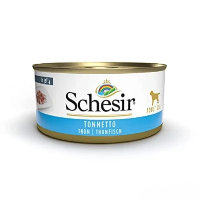 Imagen de Schesir, Comida húmeda para Perros Adultos, Sabor bacoreta en gelatina Blanda Total 2,7 kg (18 latas x 150 gr)