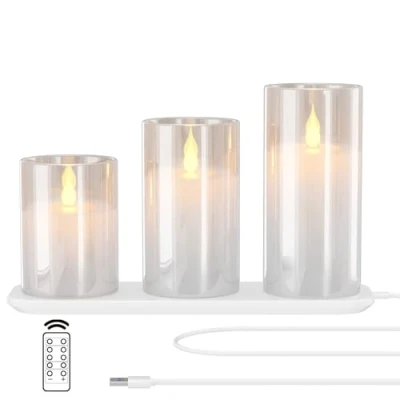 Imagen de EXTSUD velas LED sin llama recargables con estación de carga y mando a distancia, juego 3 decorativas intermitentes cristal temporizador para fiestas, cumpleaños, bodas (blanco)