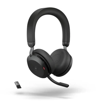 Imagen de Jabra Evolve2 75 Auriculares Estéreo Inalámbricos Para PC con tecnología de 8 micrófonos Doble Espuma y Cancelación Ruido Activa, Adaptador Bluetooth USB A MS Teams Negro