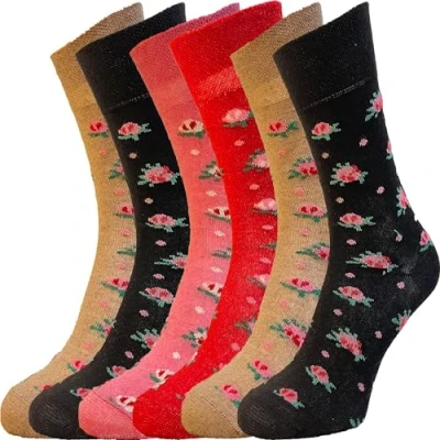 Imagen de ZombaFlo 6 pares de calcetines para diabéticos mujer, no elásticos, ricos en algodón, agarre suave, mujer UK 4 7, paquete múltiple, Floral, 7