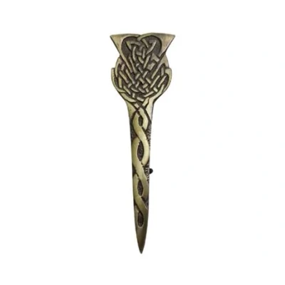Imagen de Alfiler de cardo escocés acero sólido con acabado antiguo latón 4 pulgadas, pines y broches nudo celta, pin broches, aguja espada celta remolino, 10 cm (pasador falda
