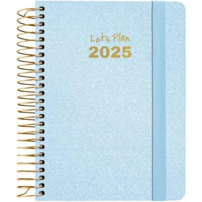 Imagen de Grafoplás Agenda Anual Semana Vista 2025 a6 Azul Pastel Español Espiral Tapa Dura Forrada Tela Metalizado Cierre Elástico De Enero a Diciembre Incluye Pegatinas Modelo Metallic FSC