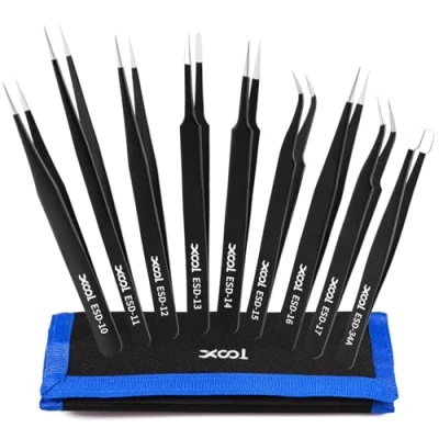 Imagen de XOOL 9 pcs esd Juego de Pinzas, kit Pinzas Antiestáticas Acero Inoxidable, y Multi estándar Inoxidable para Laboratorio, Electrónica, Joyería Trabajos Detallados