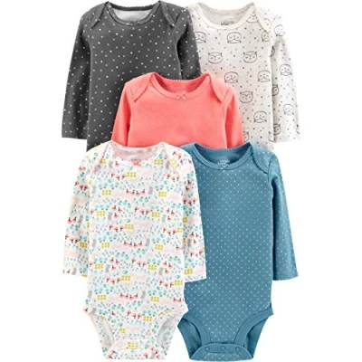 Imagen de Simple Joys by Carter&#039;s 5 Pack Long Sleeve Bodysuit Body, Búho/Corazones/Floral/Lunares, Prematuro (Pack de 5) Unisex bebé