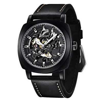 Imagen de BENYAR Reloj de Pulsera automático para Hombre Cuero Movimiento Mecanico Dial Esqueleto 45 mm Resistente al Agua y los arañazos
