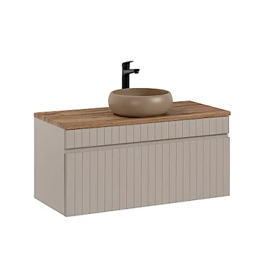 Imagen de Mueble de Lavabo 100 cm Iconic Cashmere, baño Colgante, con encimera, Puertas acanaladas, Color Cachemir (con encimera Roble)