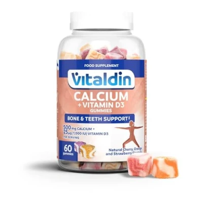 Imagen de VITALDIN 60 Gominolas de Calcio &amp; Vitamina D3, 500 mg, 1.000 IU por dosis (30 días) sabor Frutas Ayuda a mantener huesos y dientes Sin Gluten Apto para Niños Adultos