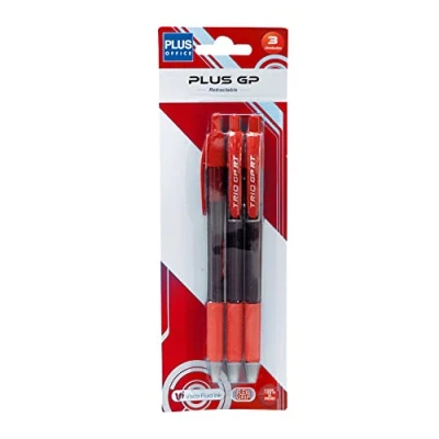 Imagen de Plus Office Bolígrafos GP Pack de 3 Retráctil, Tinta ultra Suave, Óptimo para uso oficina, casa y escolar, Color Rojo Trazo 0,7 mm (3 Rojos)