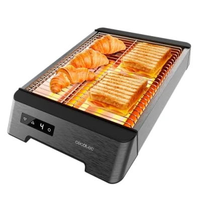 Imagen de Cecotec Tostadora Pan Horizontal Tostador Plano 3 Resistencias Táctil NiceSlice Touch. 1000W, Todo Tipo de o Bollería, Cuarzo, Acabados en Acero Inoxidable, 6 Niveles Tostado