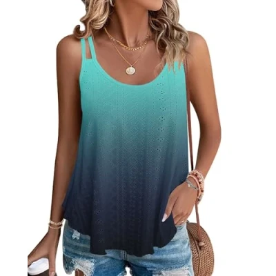 Imagen de WNEEDU Camisetas sin Mangas de Verano para Mujer Chalecos Top Loost Fit Camisas Casuales Chaleco Bordado con Ojales Blusas Cami Camisola Gradiente Azul S