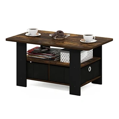 Imagen de Furinno Andrey Mesa de Centro con Cajón para Papelera, Engineered Wood, Pino Ámbar/Negro, 48.3 (D) x 80 (W) 39.6 (H) cm