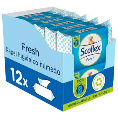Imagen de Scottex Papel Higiénico Húmedo Fresh con Agua Micelar y Vitamina E, Biodegradable Sin Plástico, Caja 12 packs de 38 servicios, Total 456 Toallitas Húmedas Desechables por WC