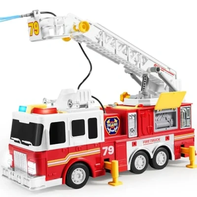 Imagen de JOYIN Camión de Bomberos Juguete Grande a Partir 2 3 4 años, con Escalera 83 cm, Coche Juguete, Cuerpo Bomberos, Pulsadores Eléctricos, Luces, Sirenas, Manguera Giratorio y Bomba Agua