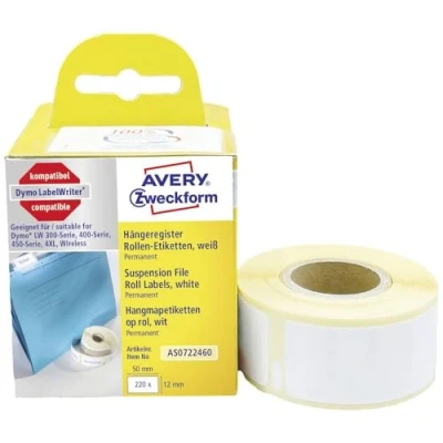 Imagen de Avery España AS0722460. Rollo de 220 etiquetas blancas para carpetas, 12 x 50mm