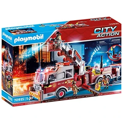 Imagen de PLAYMOBIL 70935 City Action Vehículo Bomberos, US Tower Ladder, con Luz y Sonido, Juguete para Niños a Partir de 5 Años, Multicolor