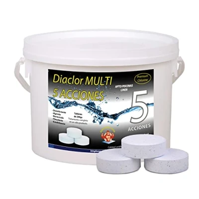 Imagen de Cloro para Piscinas DIACLOR Multi 5 ACCIONES 3 KG Envasado Individual 15 Pastillas de Lento (200 gr 7,5 cm Diámetro) Tratamiento Completo Efectos SIN Cobre