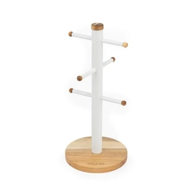 Imagen de Salter BW13566WEU7 Toronto Taza Holder Madera de Acacia, 6 ramificación soporte exhibición para tazas café/tazas té, estante almacenamiento acero resistente independiente, blanco