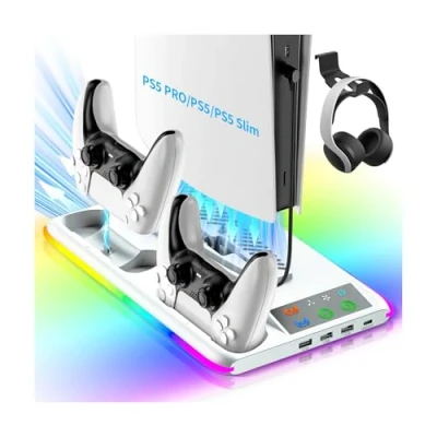 Imagen de Bacxzomx Soporte Refrigeracion PS5/Slim/Pro con Ventilador de 3 Velocidades, Base PS5 Slim/Pro RGB, Vertical Cargador Mando, Estación Refrigerador para