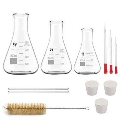 Imagen de Juego de Matraces Erlenmeyer Vidrio, JESSTOLO 3 piezas Frascos Boca Estrecha 150ml / 200ml 250ml con Tapones Goma, Pipetas, 2 Varillas Agitación y 1 Cepillos Limpieza