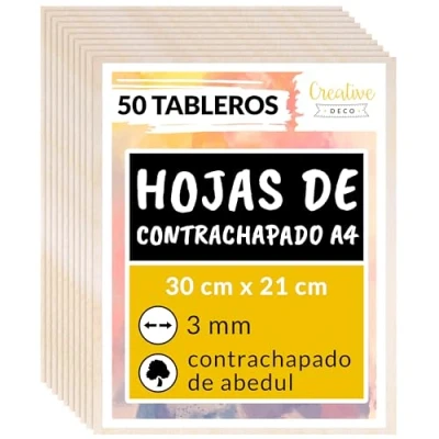 Imagen de Creative DECO 50 x A4 Tablero Madera Manualidades Contrachapado 300 210 3 mm (+/ 0.5mm) Chapa Maciza Abedul Maderas para Bricolaje Pirograbado, Corte por Laser, CNC Router, Modelado