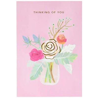 Imagen de Hallmark Thinking of You Card tarjeta con diseño floral de buen correo, tarro flores rosas